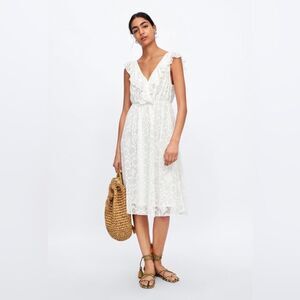 Zara White Floral Lace Midi Long Ruffle V-Neck Dress